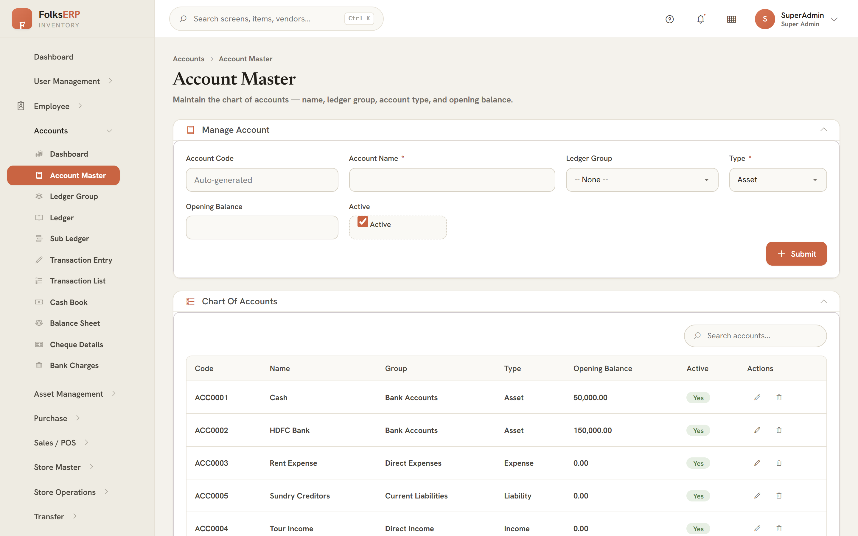 Account Master / chart of accounts